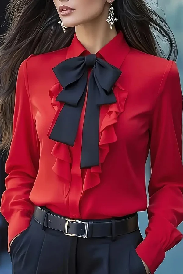 Women's white ruffled bow tie long sleeve office shirt with lapel neckline and hip-length silhouette