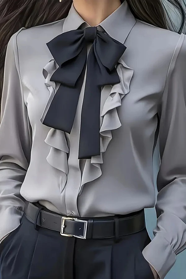Women's white ruffled bow tie long sleeve shirt hip-length lapel neckline office elegance