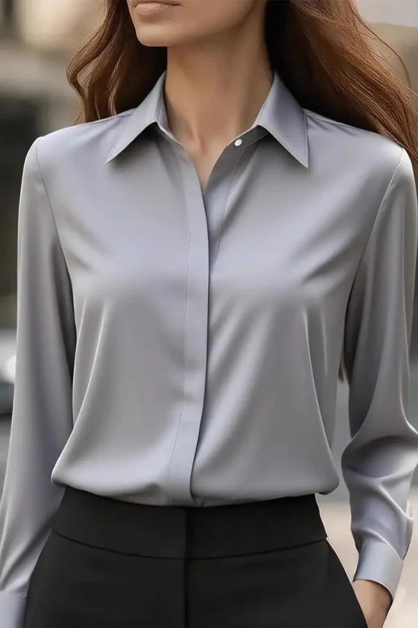 Women's loose fit hip-length satin lapel long sleeve shirt, professional chic office wear