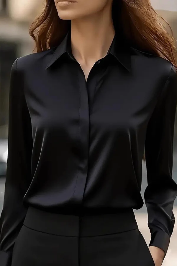 Women's loose fit hip-length satin lapel long sleeve shirt, professional chic office style