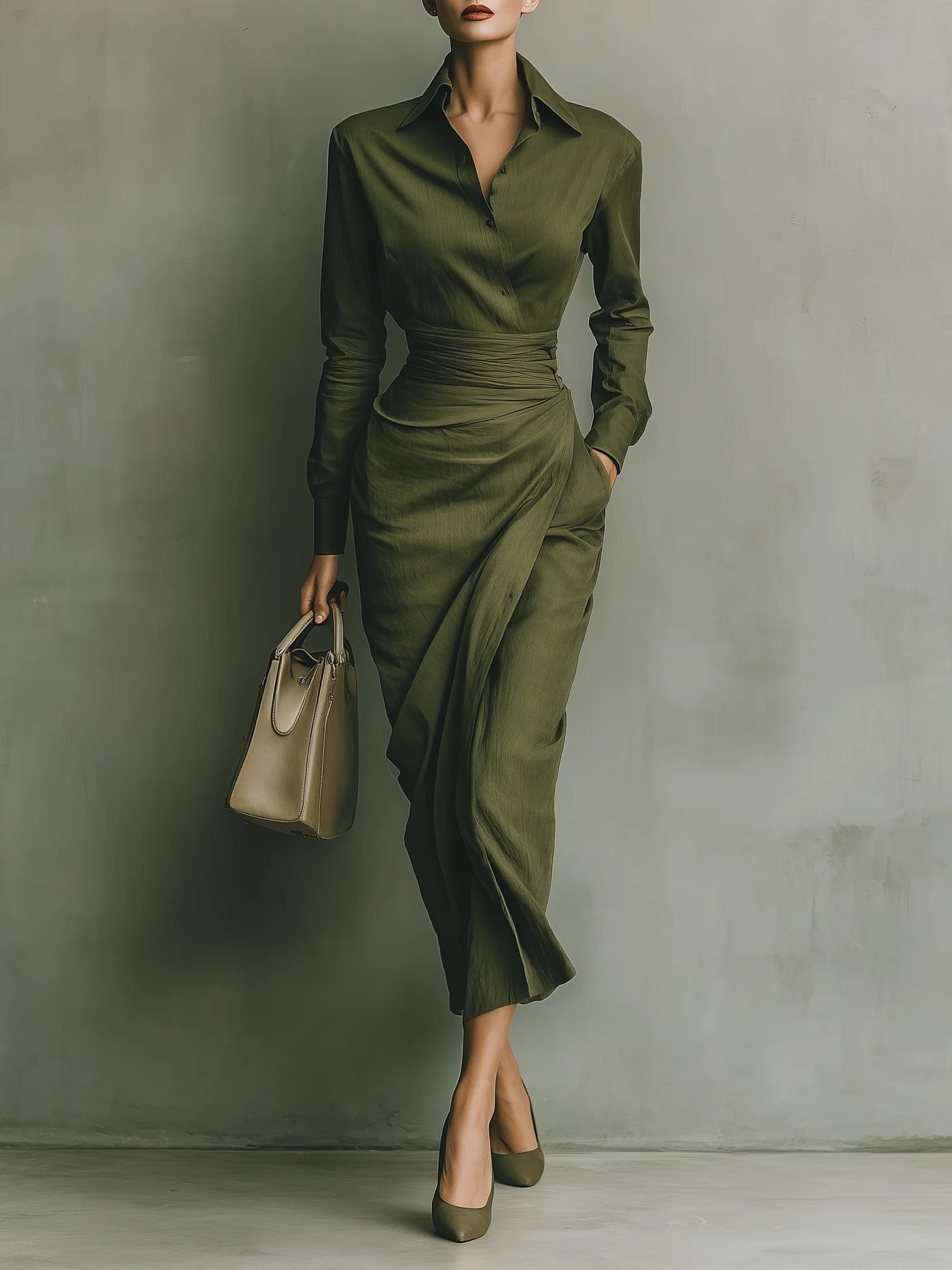 Women's ruched wrap midi dress tailored silhouette button-front collar fluid skirt elegant fit