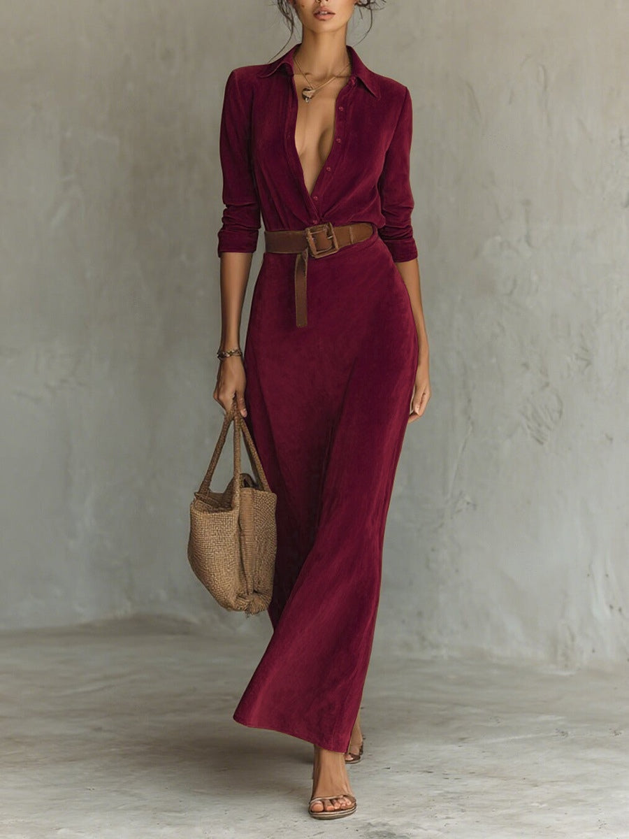 Suede maxi dress single-breasted lapel elegant women fall winter semi-formal velvety refined fit