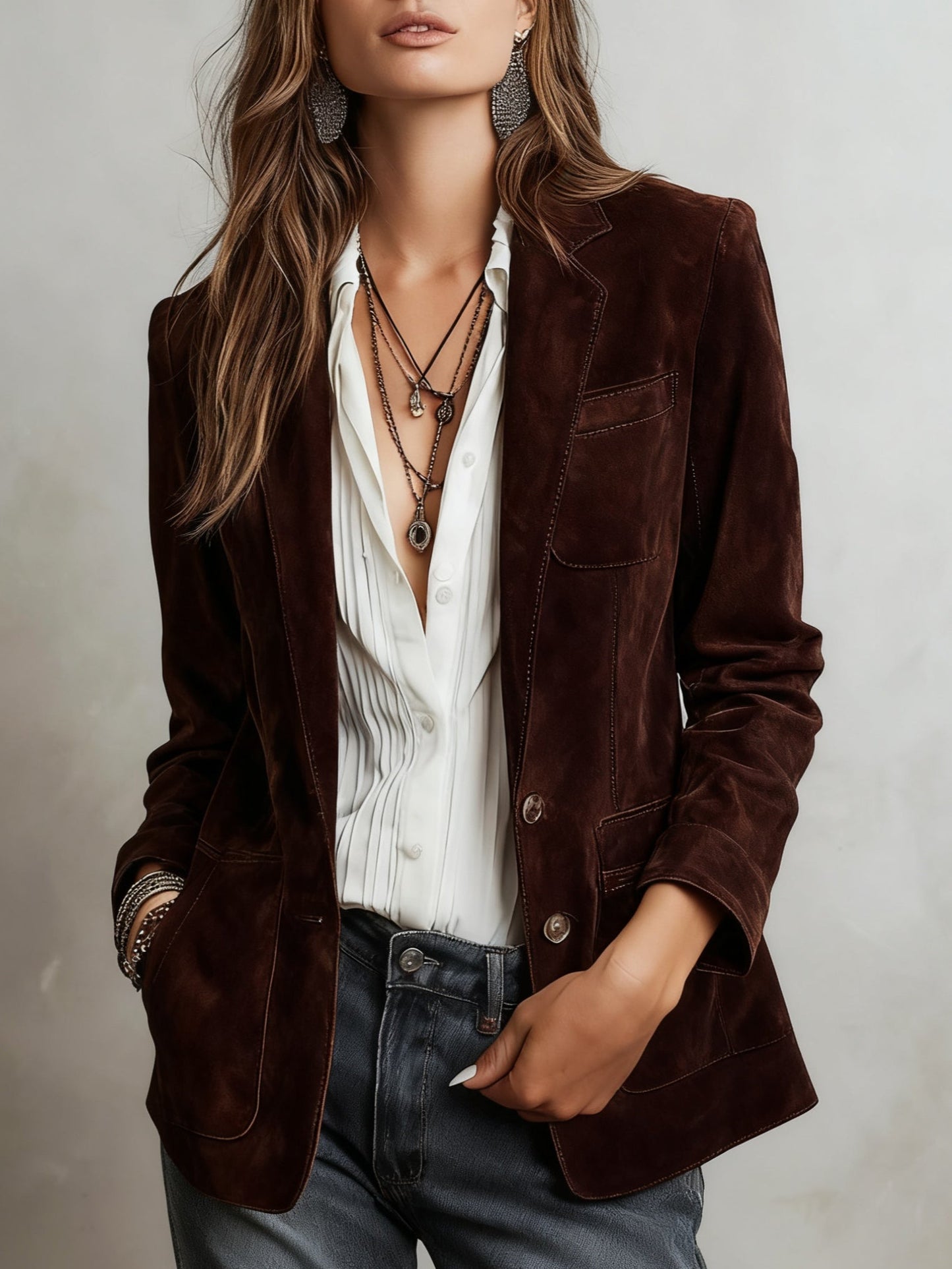 Brown eco-friendly suede jacket relaxed fit with retro contrast stitching for vintage style