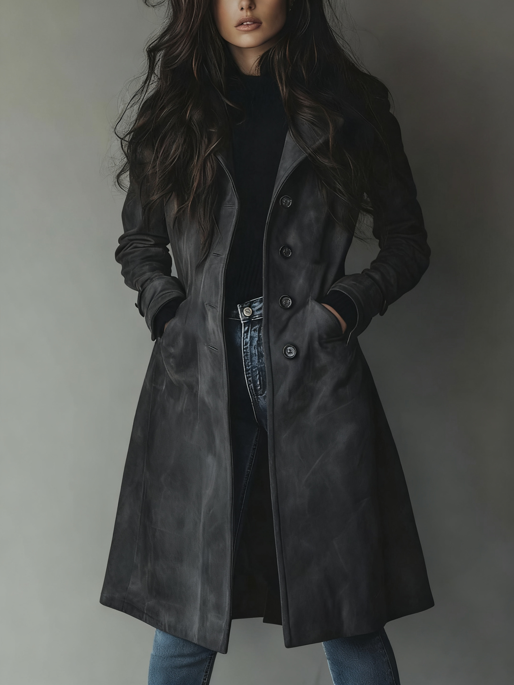 Women's vintage brown suede trench coat tailored silhouette with classic belt detail