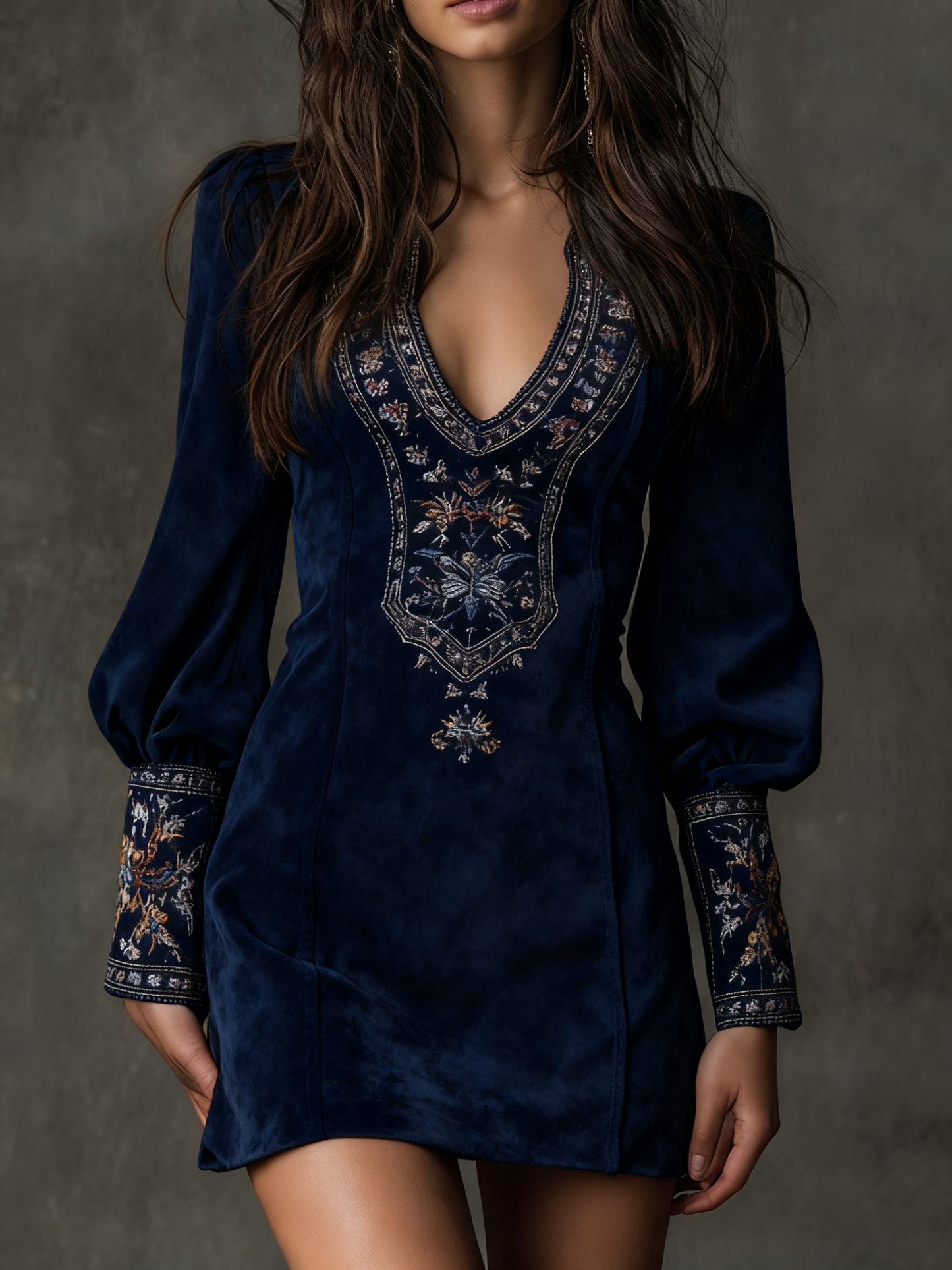 Vintage brown suede mini dress V-neck boho chic with floral embroidery, women's elegant party wear