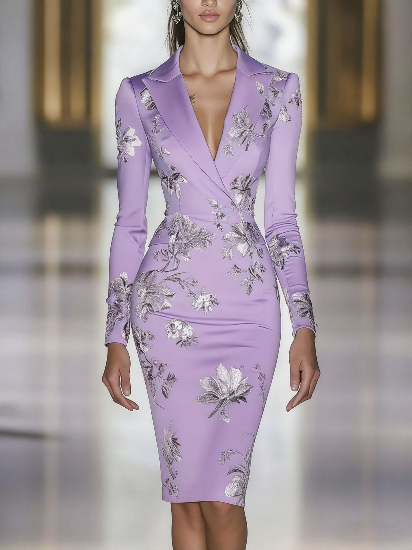 Blue floral print blazer midi dress tailored fit silver shimmer knee-length elegant office style