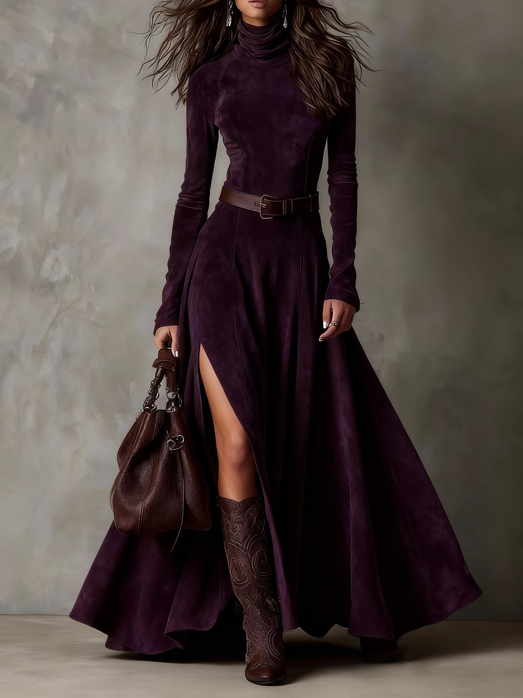 Dark brown faux suede turtleneck maxi dress slim fit with belt and front slit elegant women