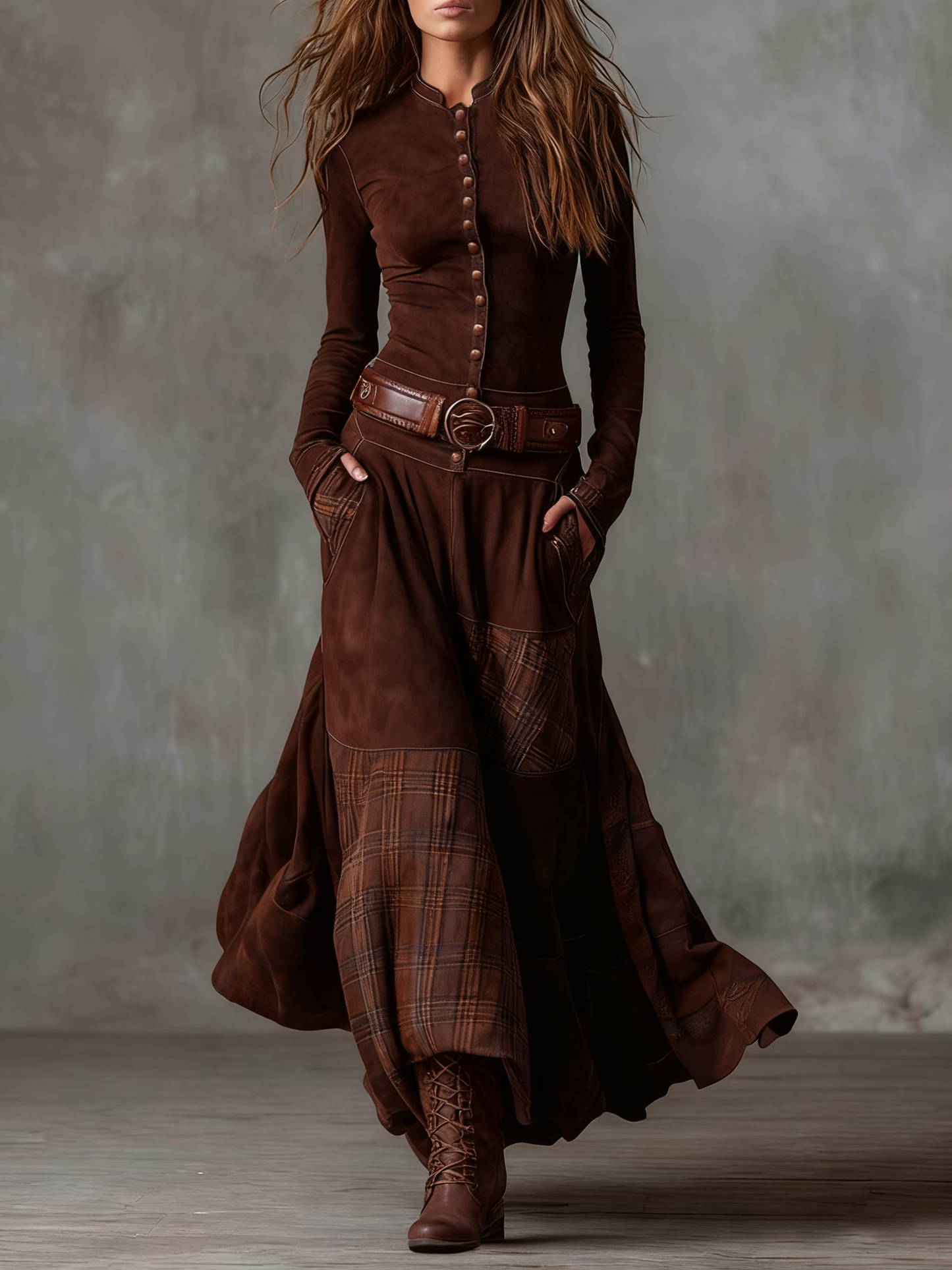 Navy plaid patchwork suede maxi dress with stand collar belt boho chic vintage women