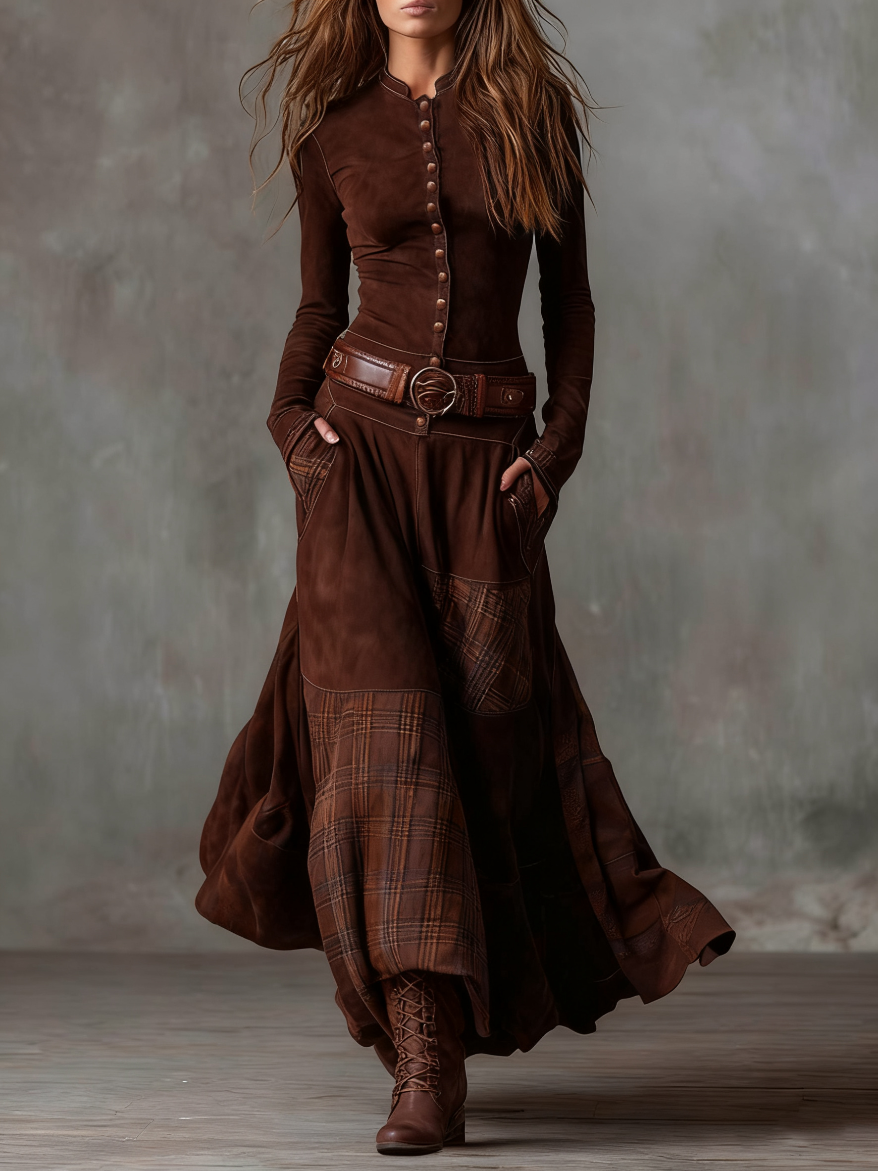 Navy plaid patchwork suede maxi dress with stand collar belt boho chic vintage women