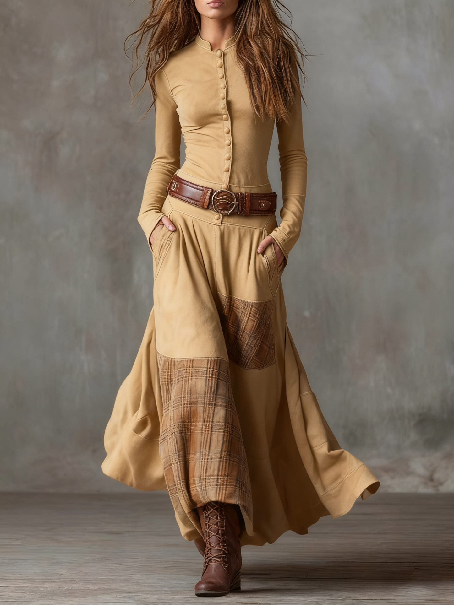 Navy plaid patchwork suede maxi dress with stand collar belt boho chic vintage women