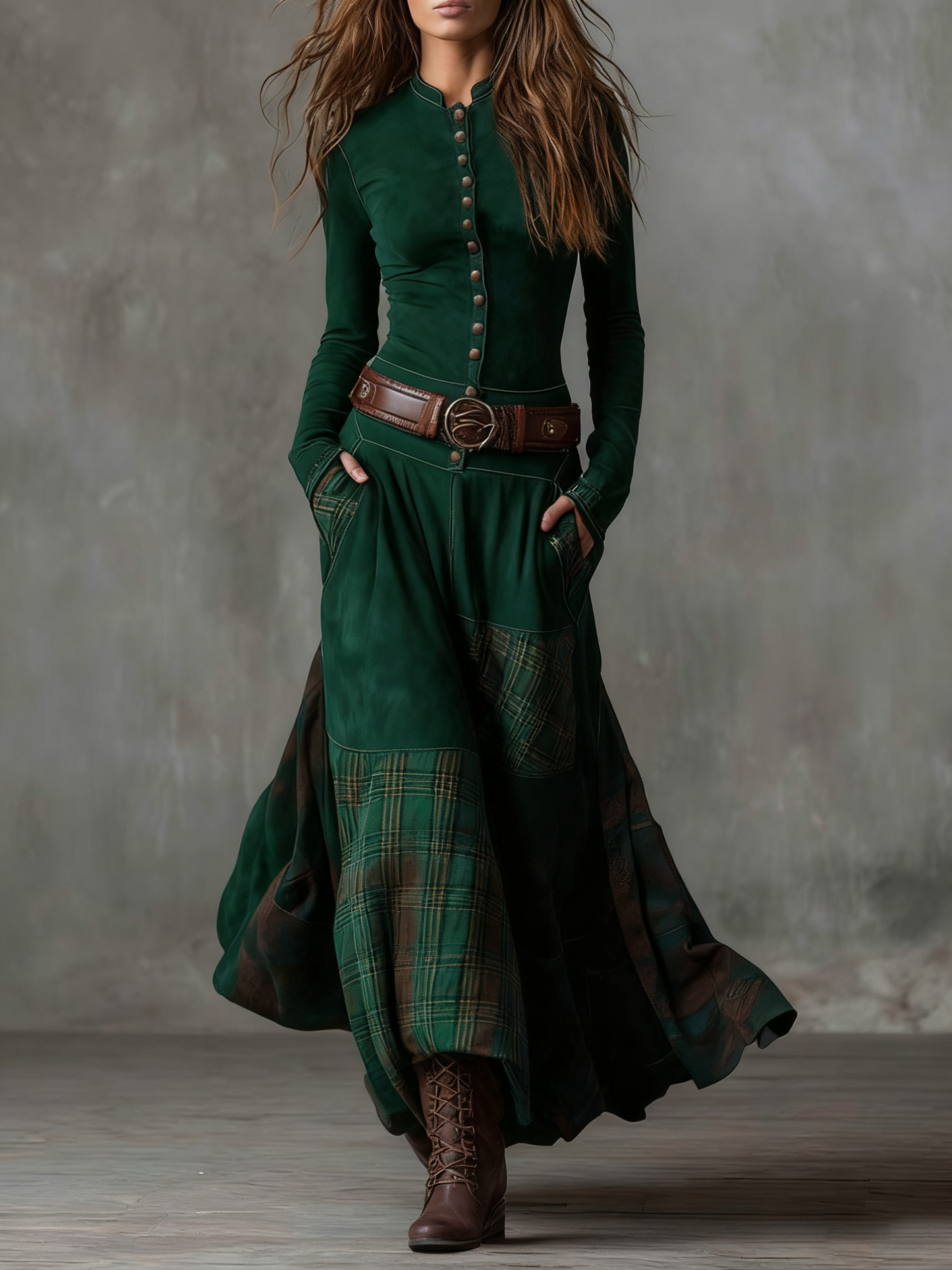 Navy plaid patchwork suede maxi dress with stand collar belt boho chic vintage women
