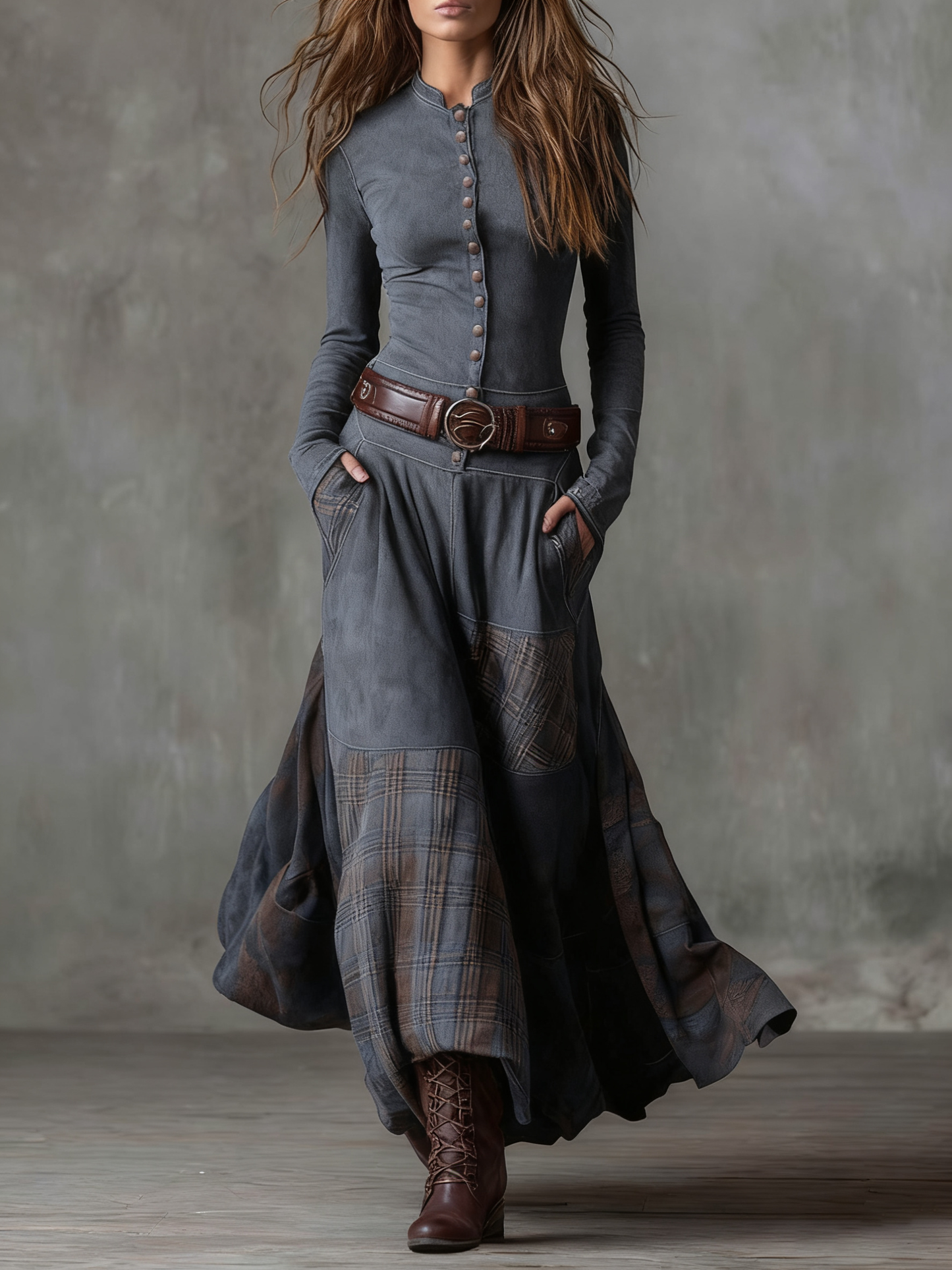 Navy plaid eco-suede maxi dress with belt, stand collar, boho chic patchwork panels for women