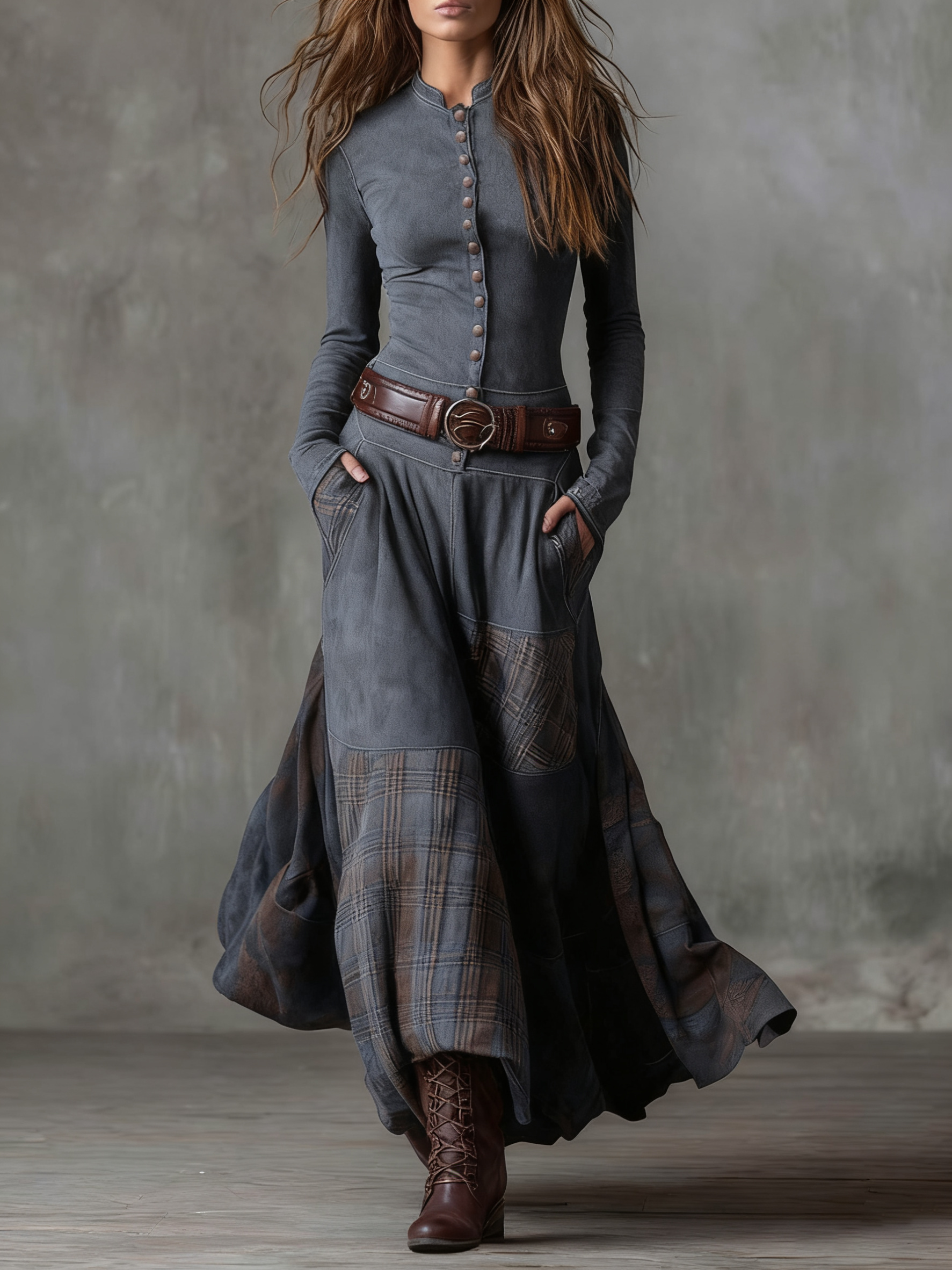 Navy plaid eco-suede maxi dress with belt, stand collar, boho chic patchwork panels for women