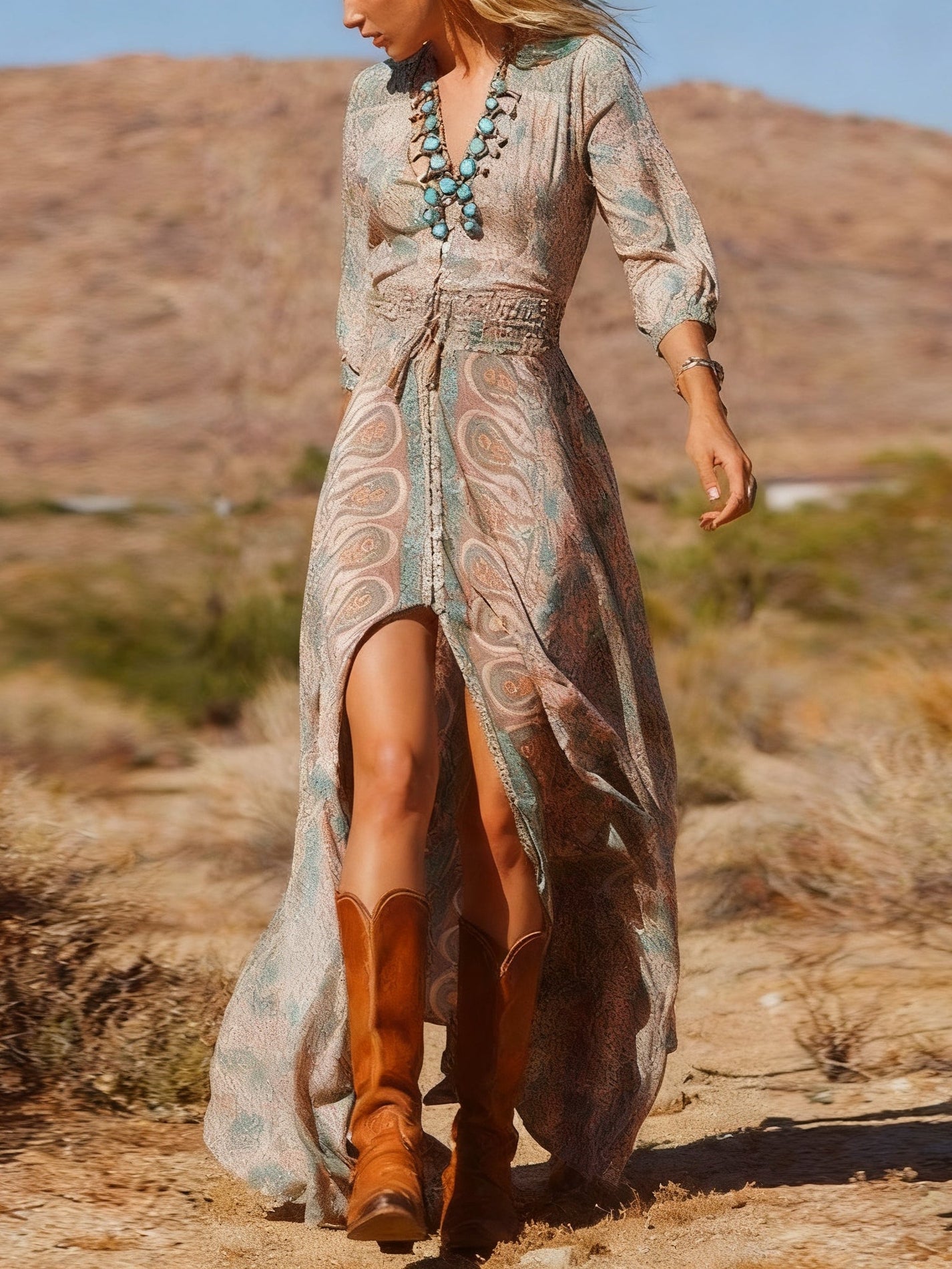 Boho Western Style Maxi Dress With Slit Flowy Breathable V Neck For Fe