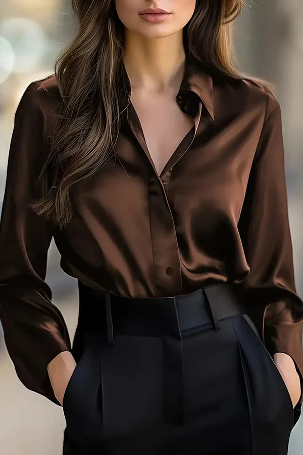 Women's satin solid color long sleeve blouse, elegant regular fit office shirt with lapel neckline