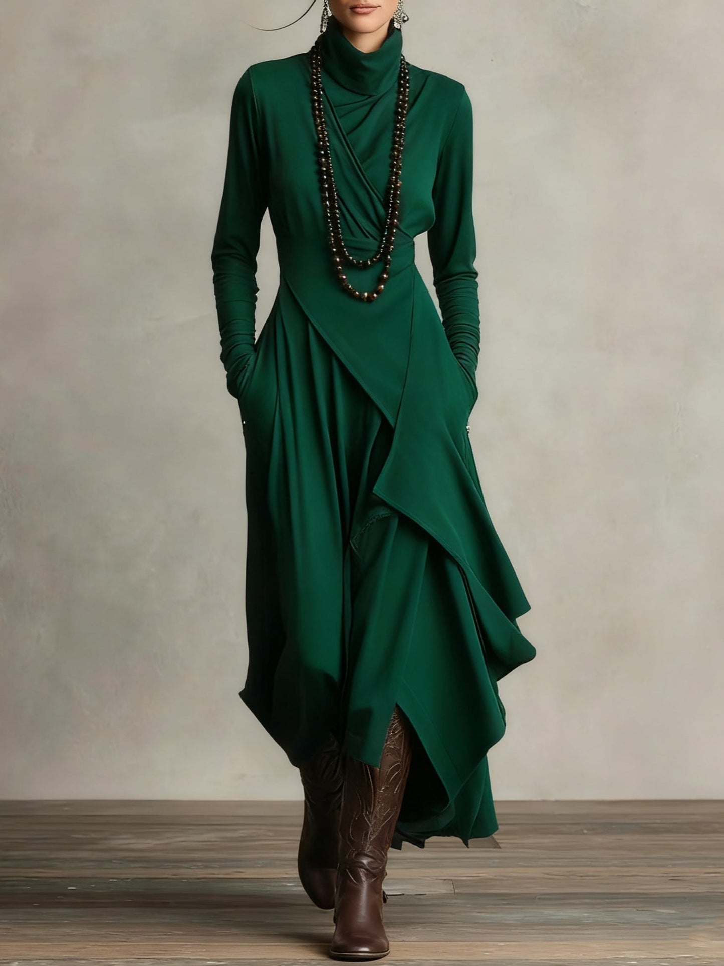 Purple turtleneck maxi dress with asymmetric draping, bohemian relaxed fit in soft rayon spandex blend