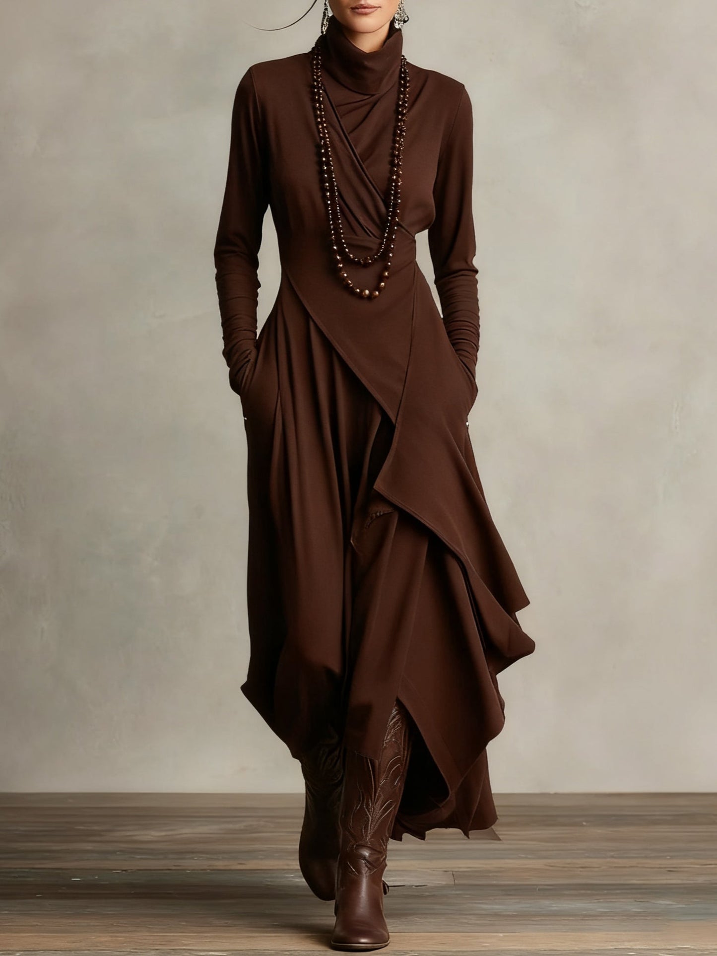 Purple turtleneck maxi dress with asymmetric draping, relaxed bohemian fit in soft rayon spandex blend