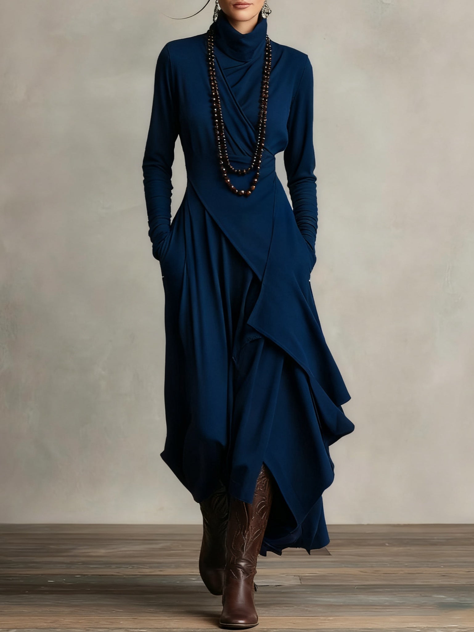Purple turtleneck maxi dress with asymmetric draping, bohemian relaxed fit in rayon spandex blend