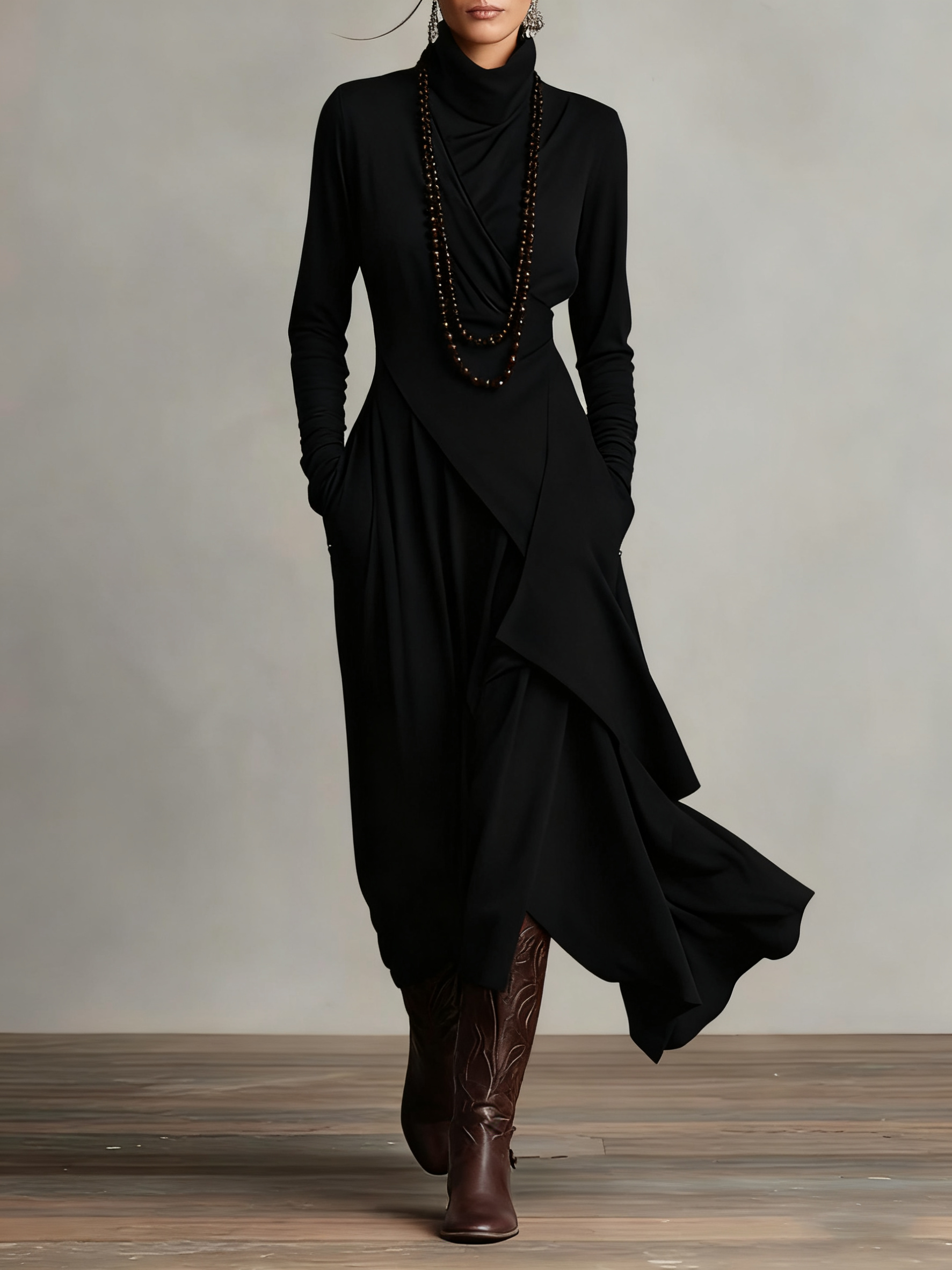 Purple turtleneck maxi dress with asymmetric draping, bohemian relaxed fit in soft rayon spandex blend