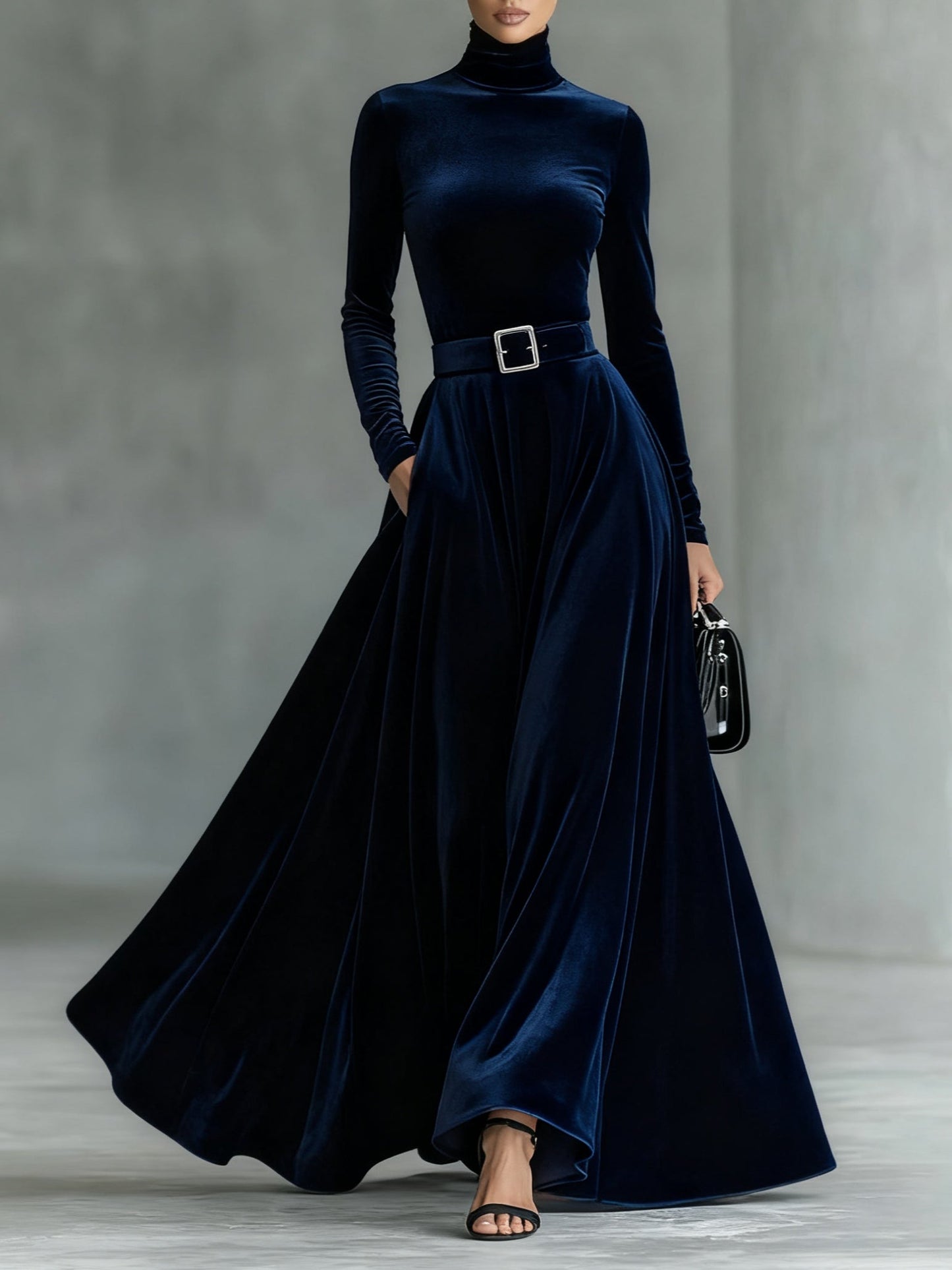 Burgundy velvet turtleneck maxi dress with cinched belt, minimalist elegant eveningwear for women
