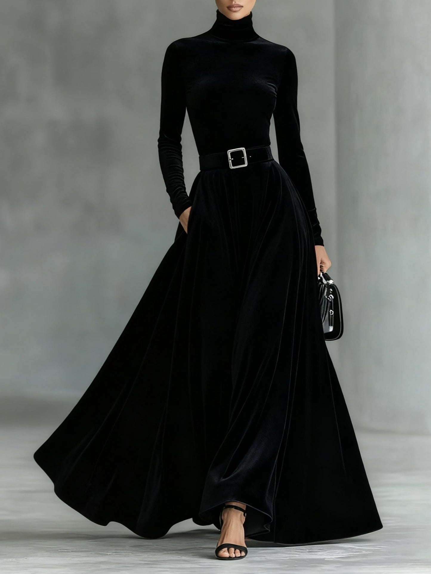 Velvet turtleneck maxi dress with belt, minimalist black evening gown, cinched waist elegant fit