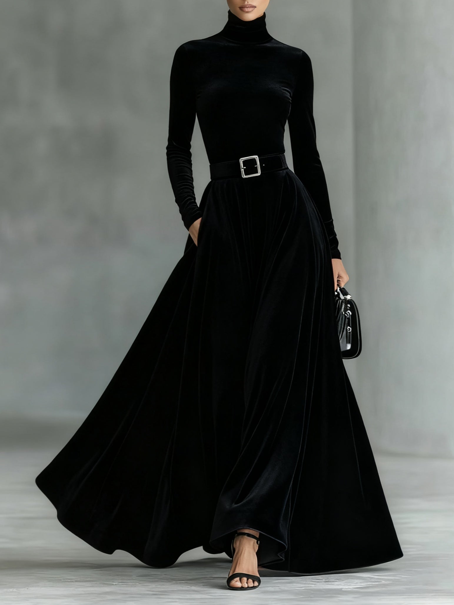 Velvet turtleneck maxi dress with belt, minimalist black evening gown, cinched waist elegant fit