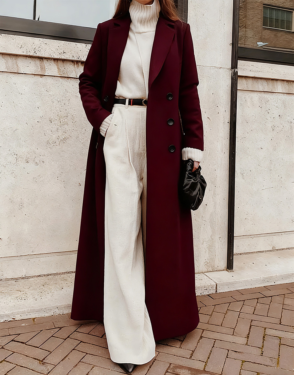 Black wool maxi coat for women, long sleeve solid timeless outerwear with structured drape
