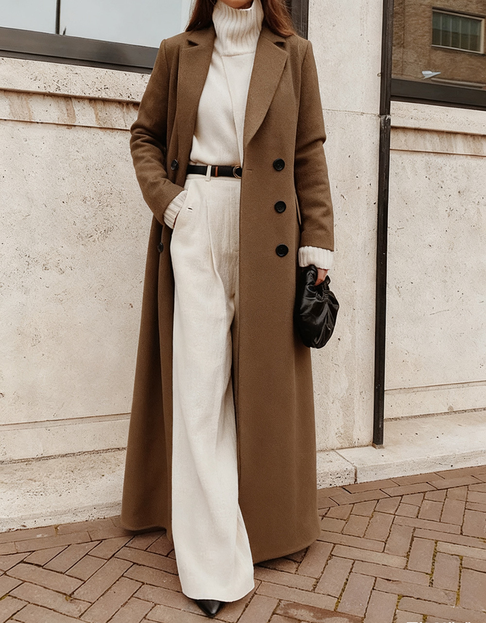 Black wool maxi coat for women, long sleeve timeless outerwear with elegant full-length drape