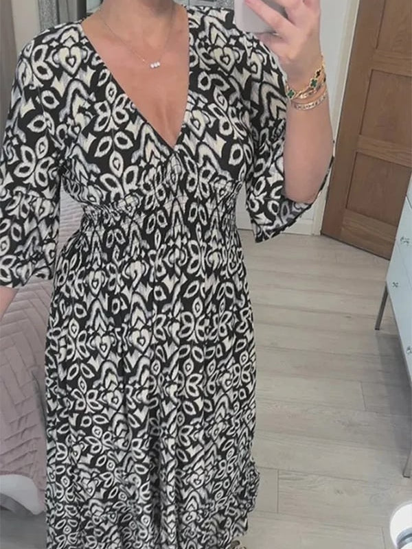 Women's bohemian mosaic print maxi dress V-neck elastic waist ruffle hem lightweight stretch