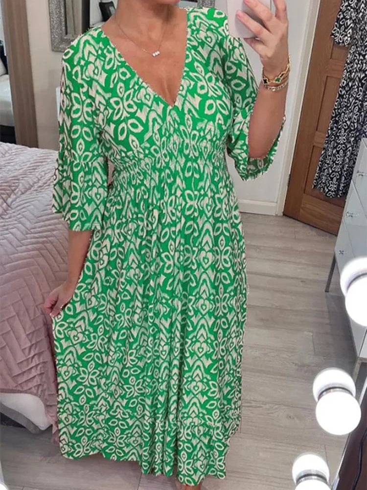 Bohemian mosaic print maxi dress, V-neck elastic waist ruffle hem, multicolor boho style women