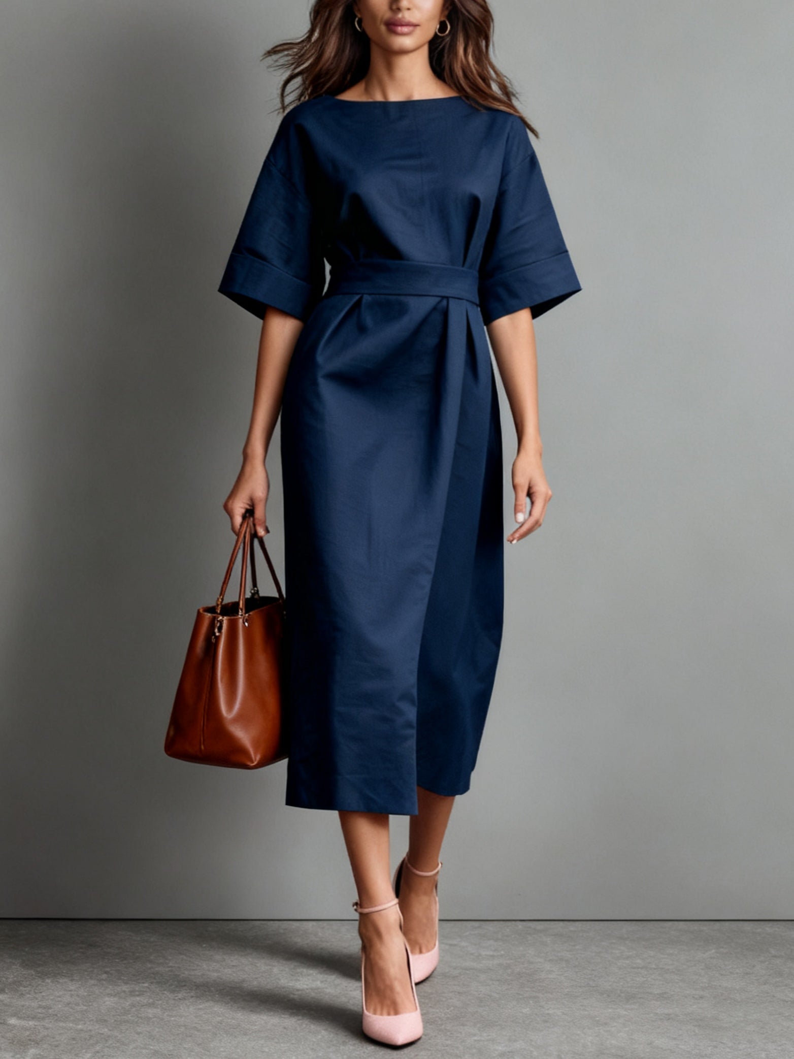 Women's asymmetric linen maxi dress, structured A-line fit with ruched detail and boat neckline