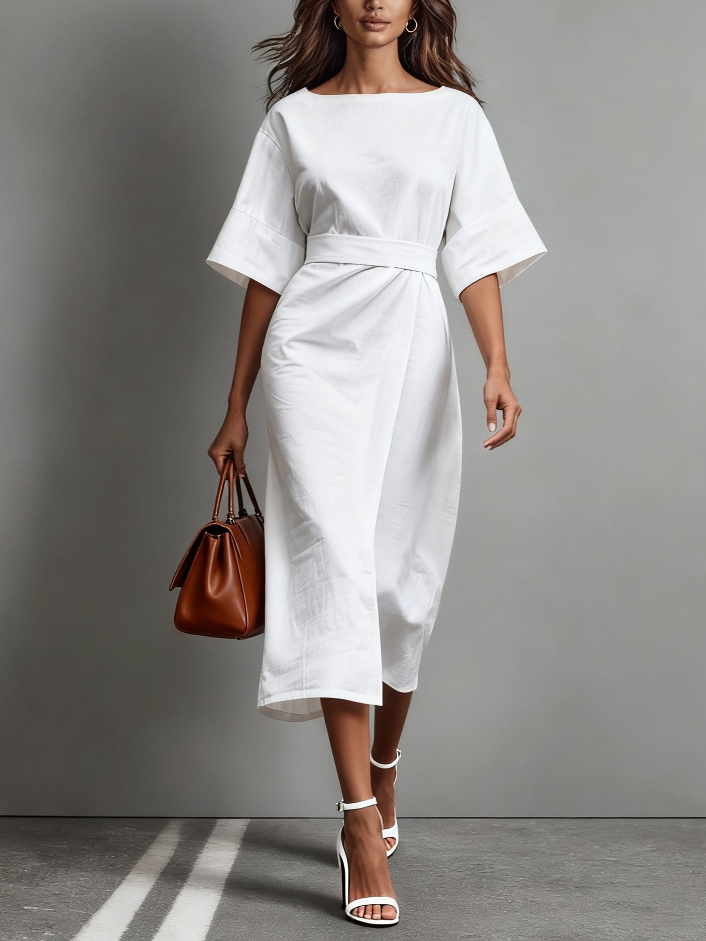 Women's asymmetric linen maxi dress, structured A-line fit with ruched detail and boat neckline