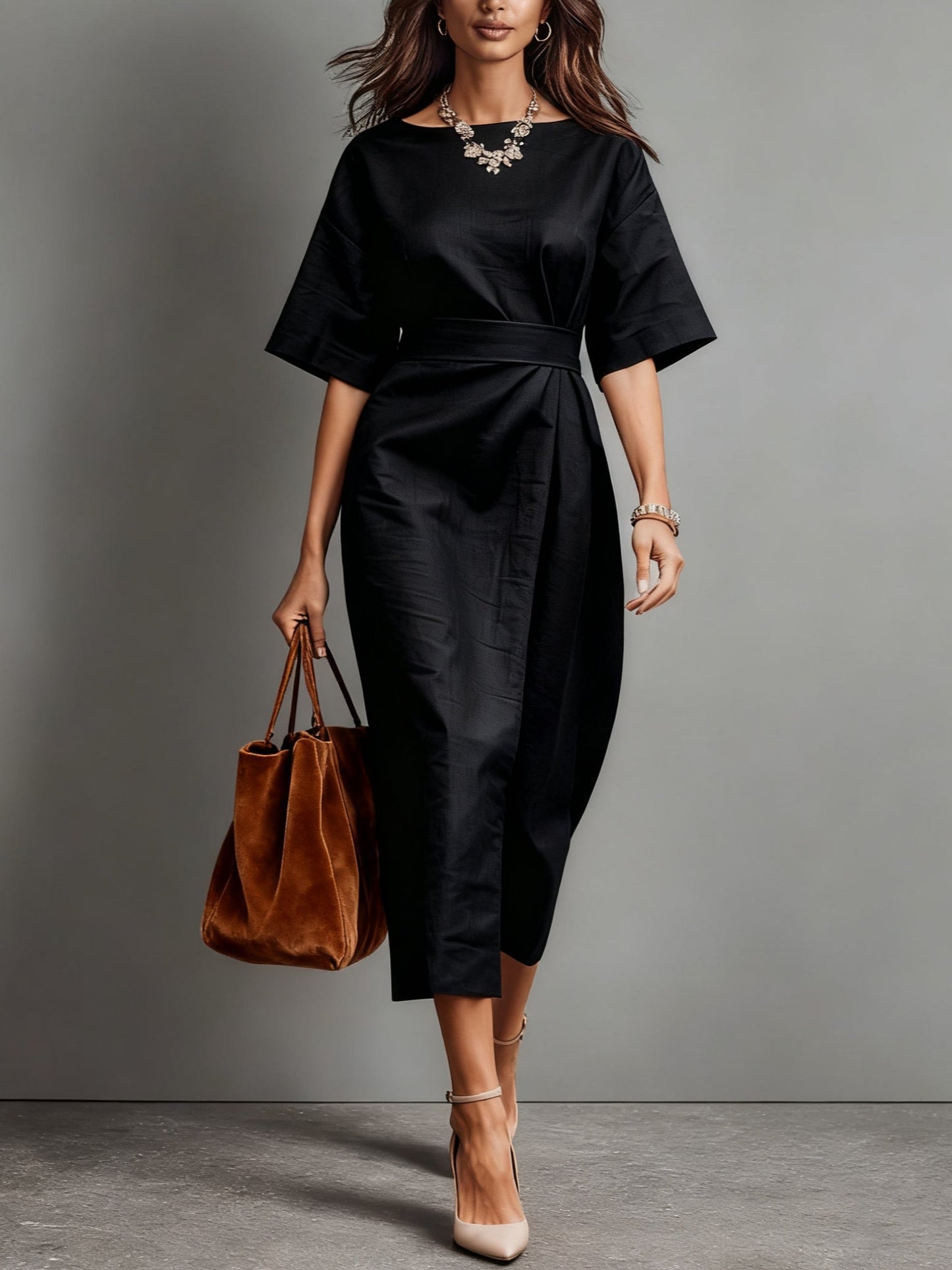 Women's asymmetric linen maxi dress structured A-line fit ruched detail boat neck natural fabric