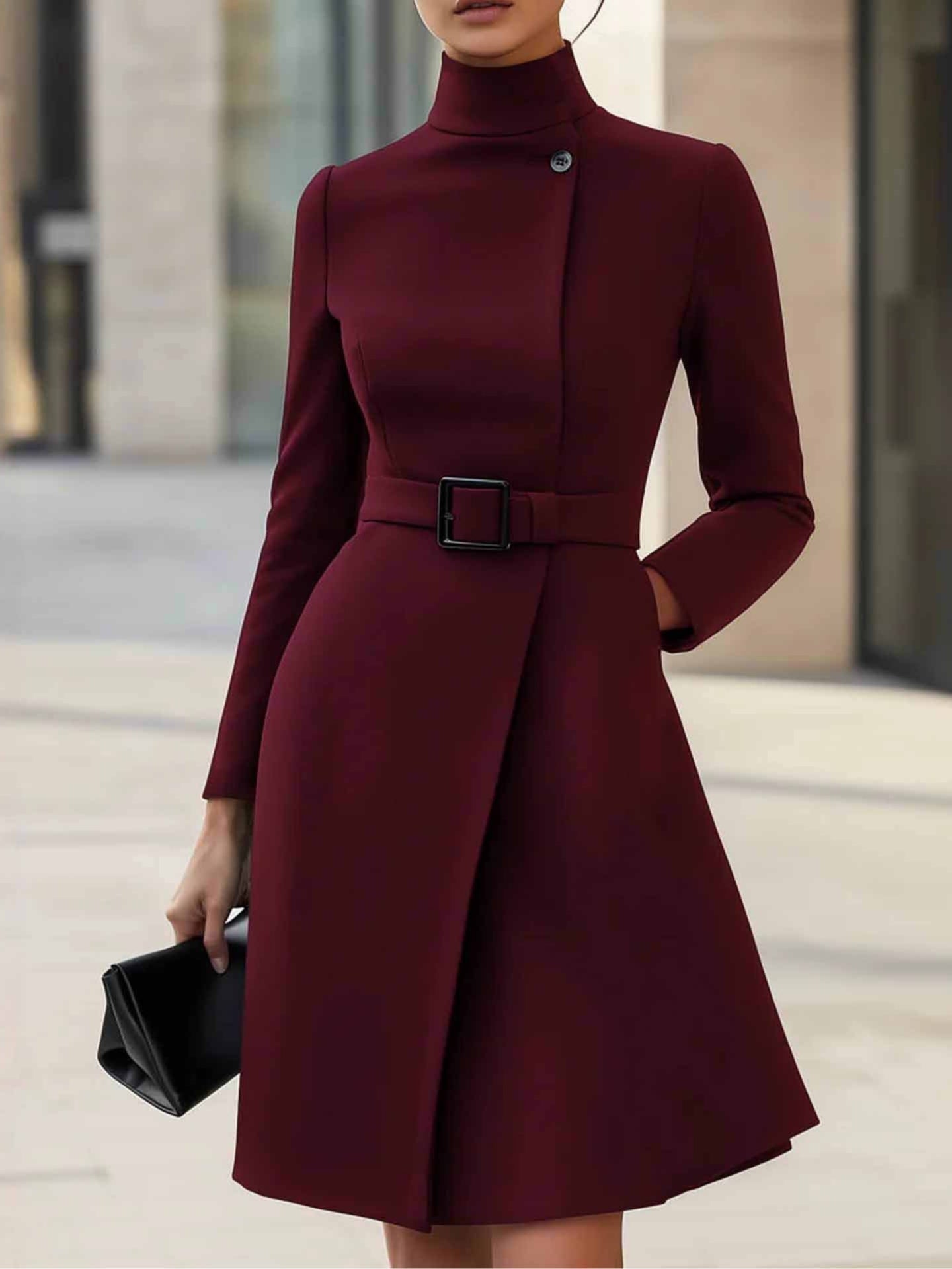 Black high-neck A-line midi dress with tie-waist belt and asymmetric button closure