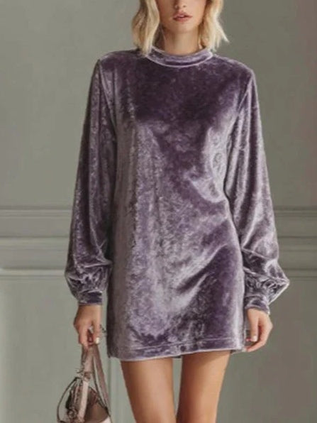 Beck velvet mini dress women round neck long sleeve loose fit subtle sheen vacation wear