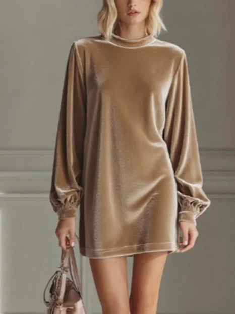Beck velvet mini dress women round neck long sleeve loose fit subtle sheen vacation wear