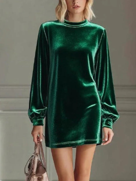 Beck velvet mini dress women round neck long sleeve loose fit subtle sheen vacation wear