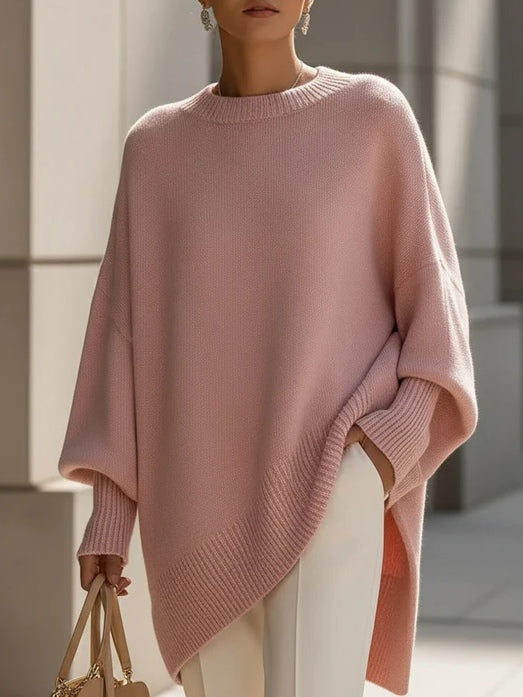 Women's oversized cozy sweater neutral tone draped silhouette relaxed fit everyday luxury knit