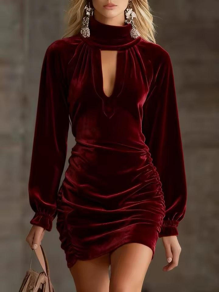 Soft matte pink velvet mini dress high neck cutout ruched silhouette for sophisticated evenings