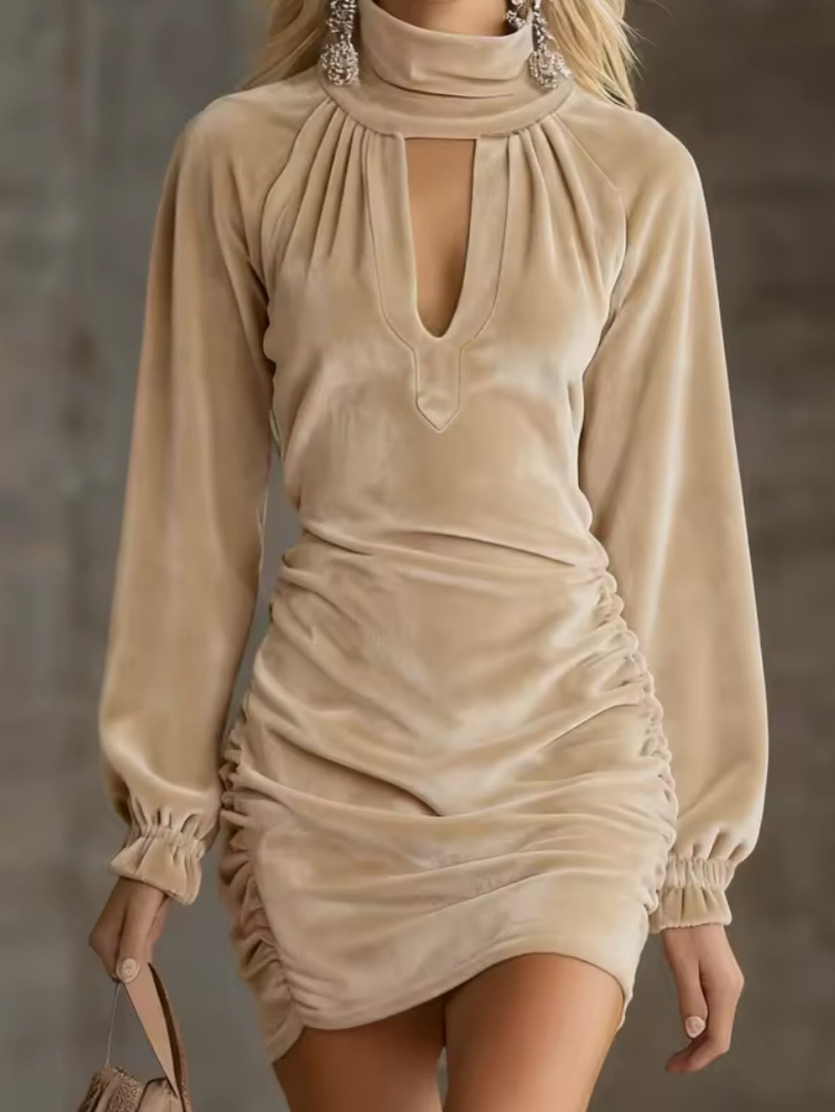 Soft matte pink velvet mini dress high neck cutout ruched silhouette for elegant date nights