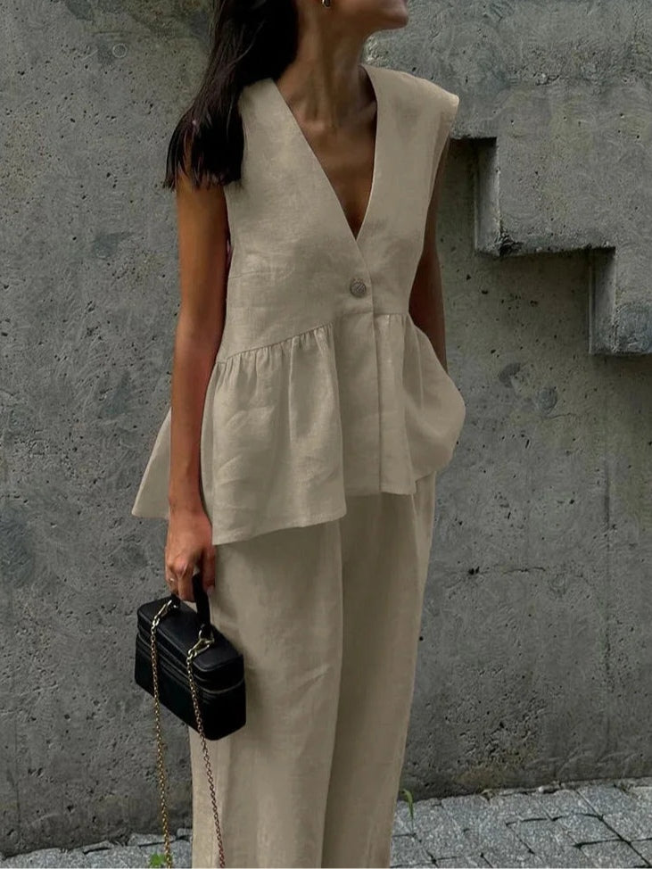Women's cotton linen V-neck ruffled two-piece set relaxed shift fit casual summer leisure