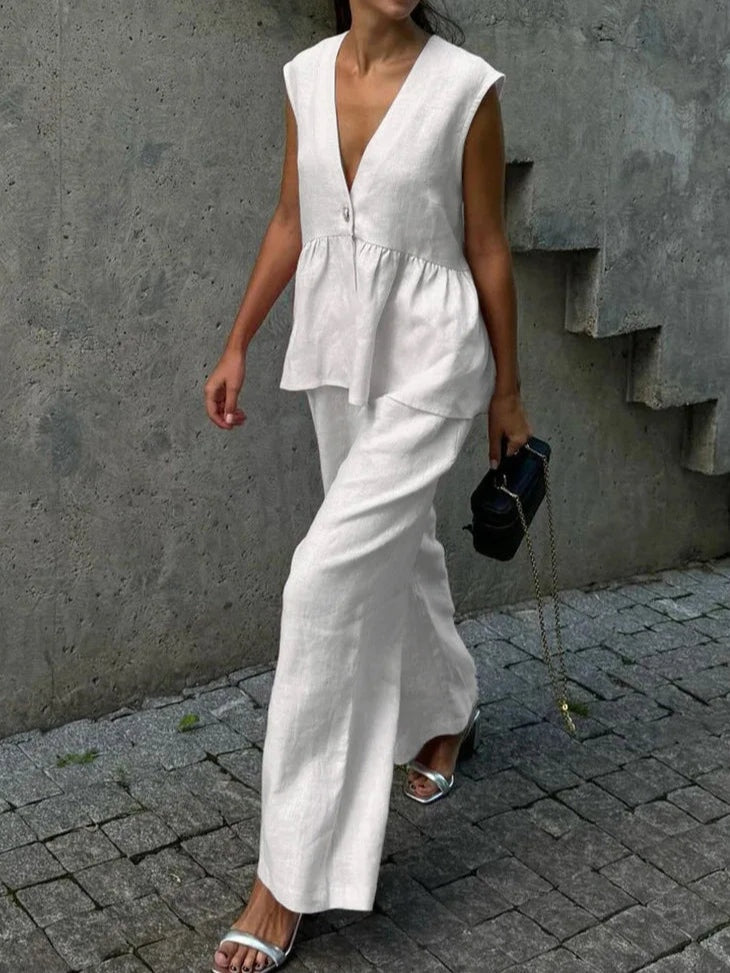 Women's cotton linen v-neck two-piece set relaxed shift fit with ruffled detail casual summer