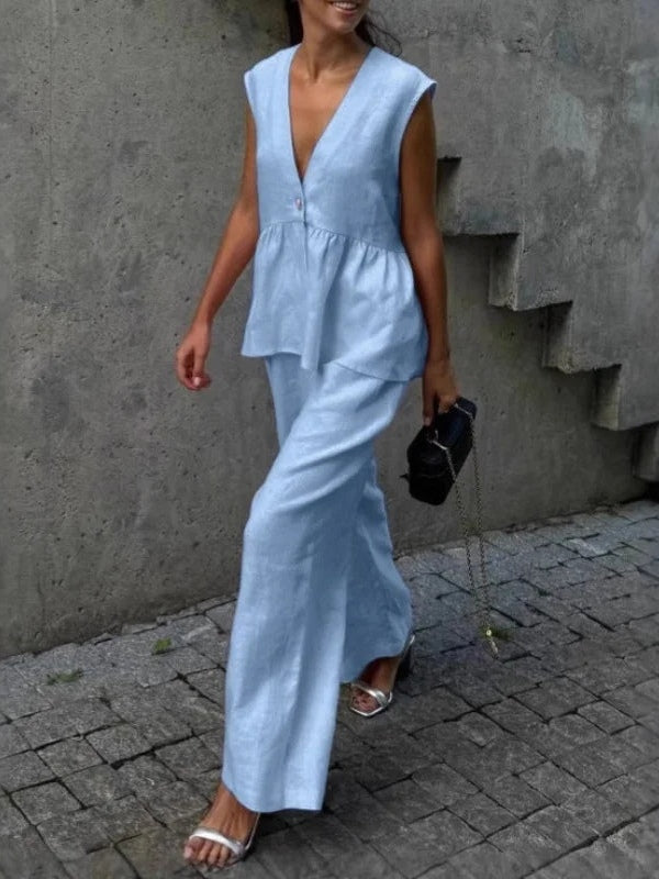 Women's cotton linen V-neck ruffled two-piece set relaxed shift fit casual summer lightweight