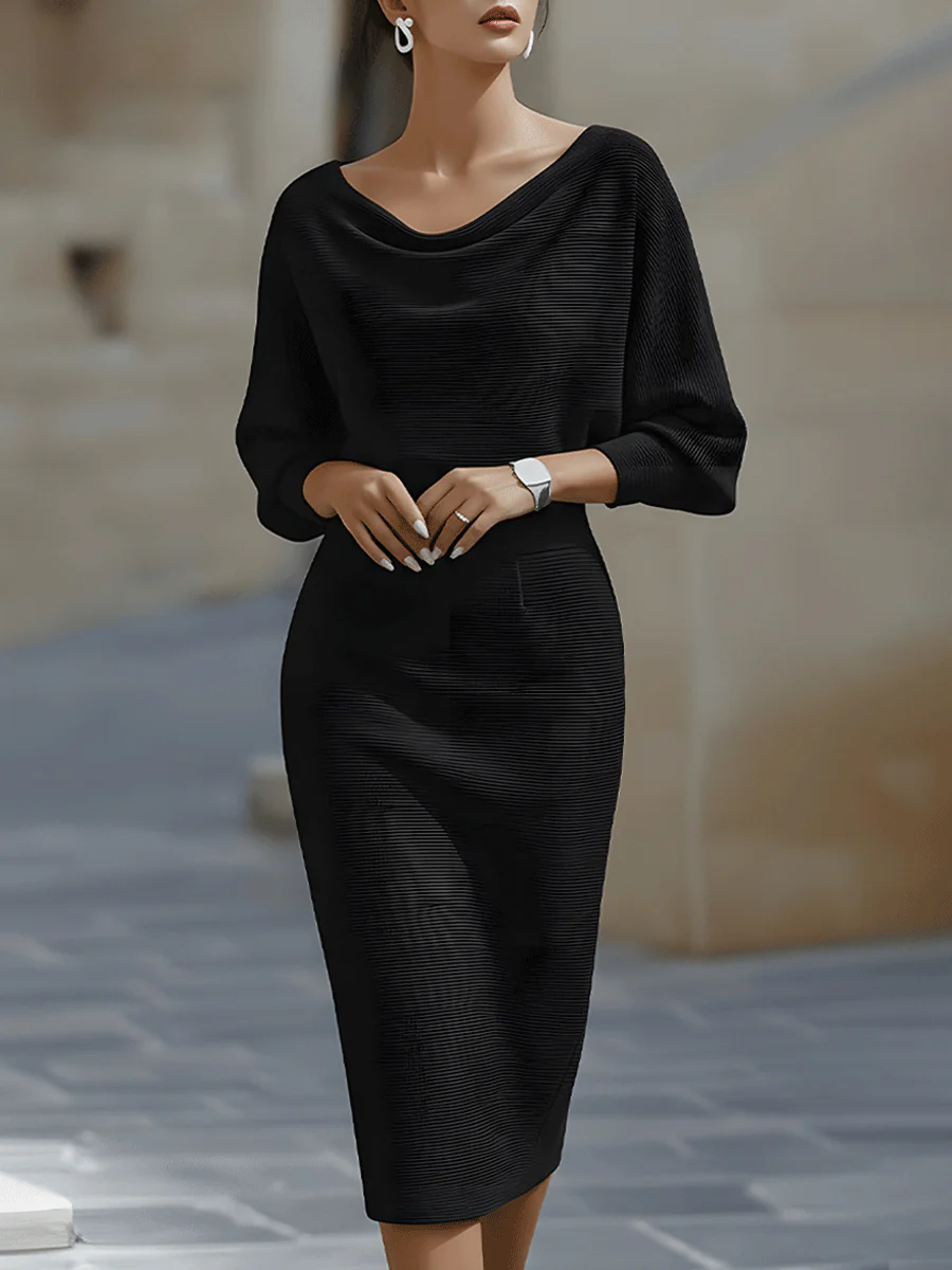 White batwing midi dress with draped cowl neckline and waist-sculpting pencil skirt for women