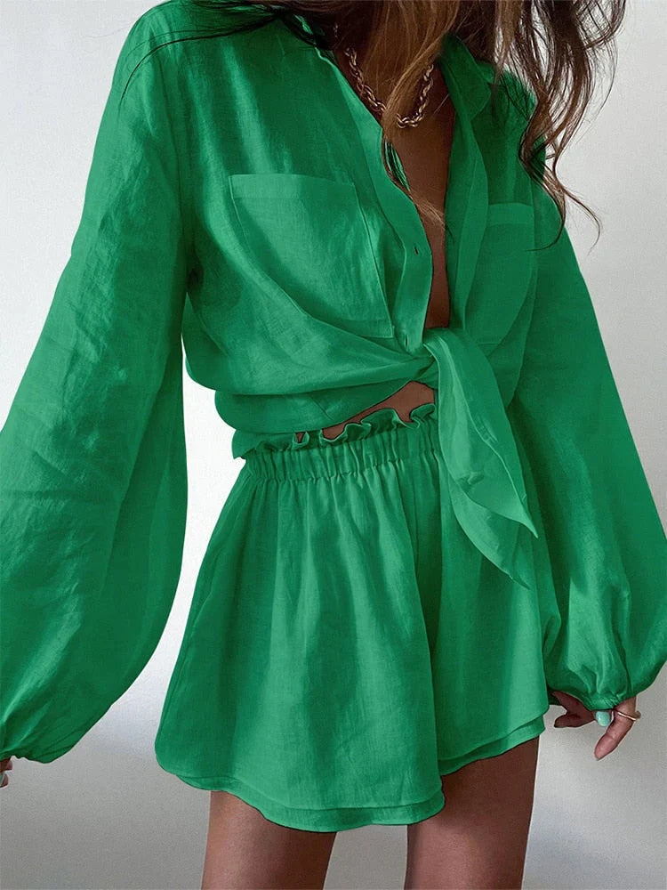 Women's linen balloon sleeve button-down shirt and frill-bottom shorts two-piece set