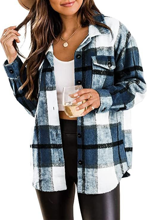 Women's soft cotton blend flannel shirt classic checkered pattern button closure cozy everyday style
