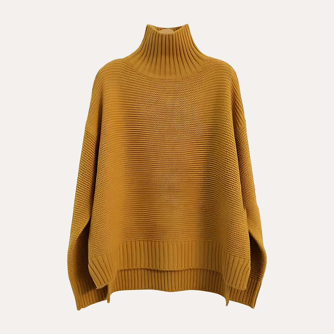 Women's ivory wool oversized turtleneck sweater with ribbed side slits for modern winter style