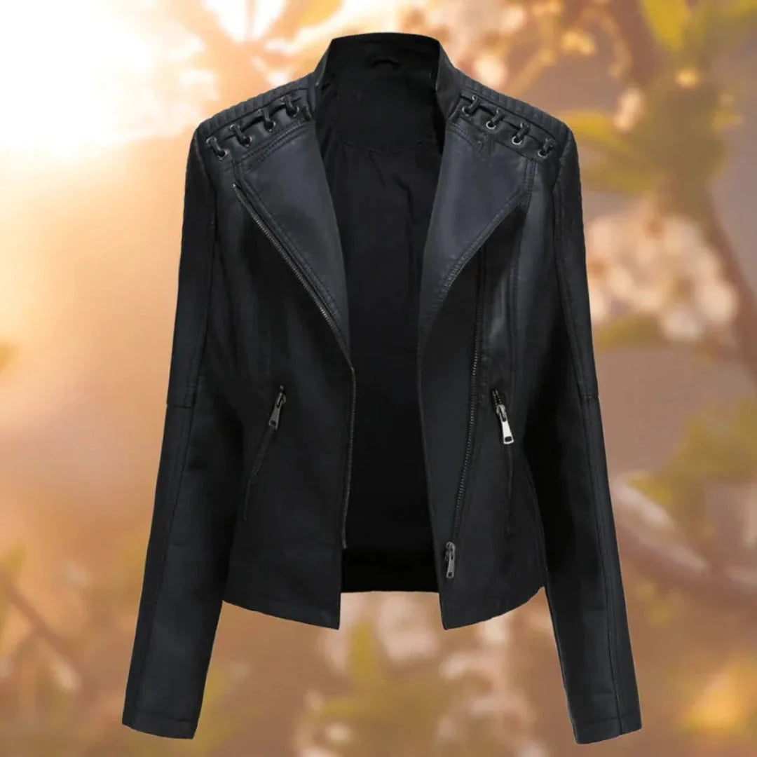 Women's black faux leather jacket tailored fit asymmetrical zip stitch-up shoulder details