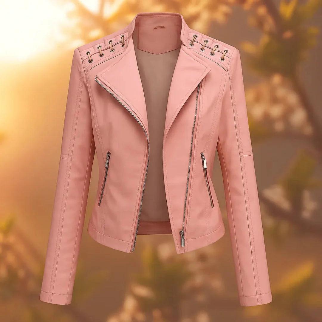 Women's black faux leather jacket with stitch-up shoulders, asymmetrical zip, and tailored fit