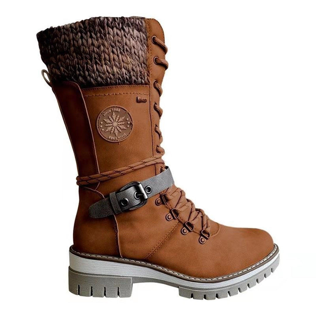 Women's brown lace-up winter boots with knit cuff, tall shaft, side zip, rugged outdoor style